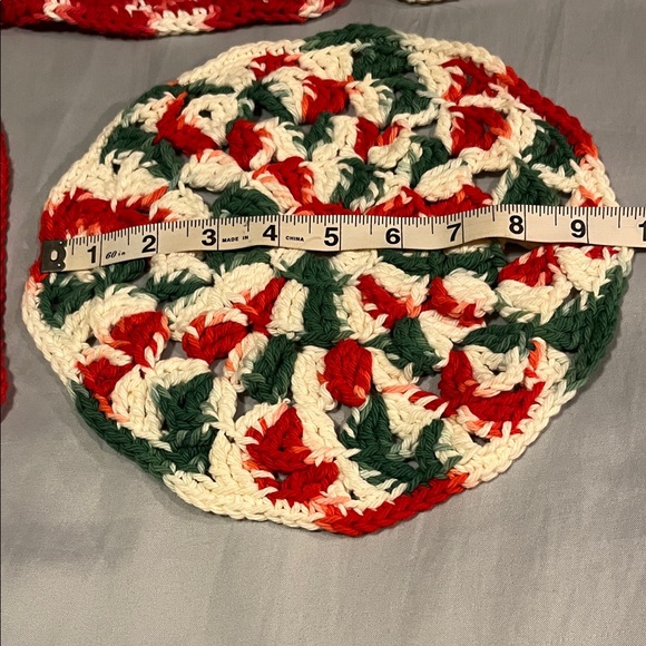 Handmade Red and White and Green Crochet Pot Holders Set of 5 Five Knit Kitchen - Picture 3 of 7